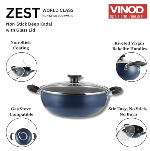 Vinod Zest Aluminium Non Stick Deep Kadai with Glass Lid - 3.1 Litre, 24 cm / 3 mm Thick / 3 Layer/Kadhai for Cooking/Gas Base - 1 Year Warranty - Image 2